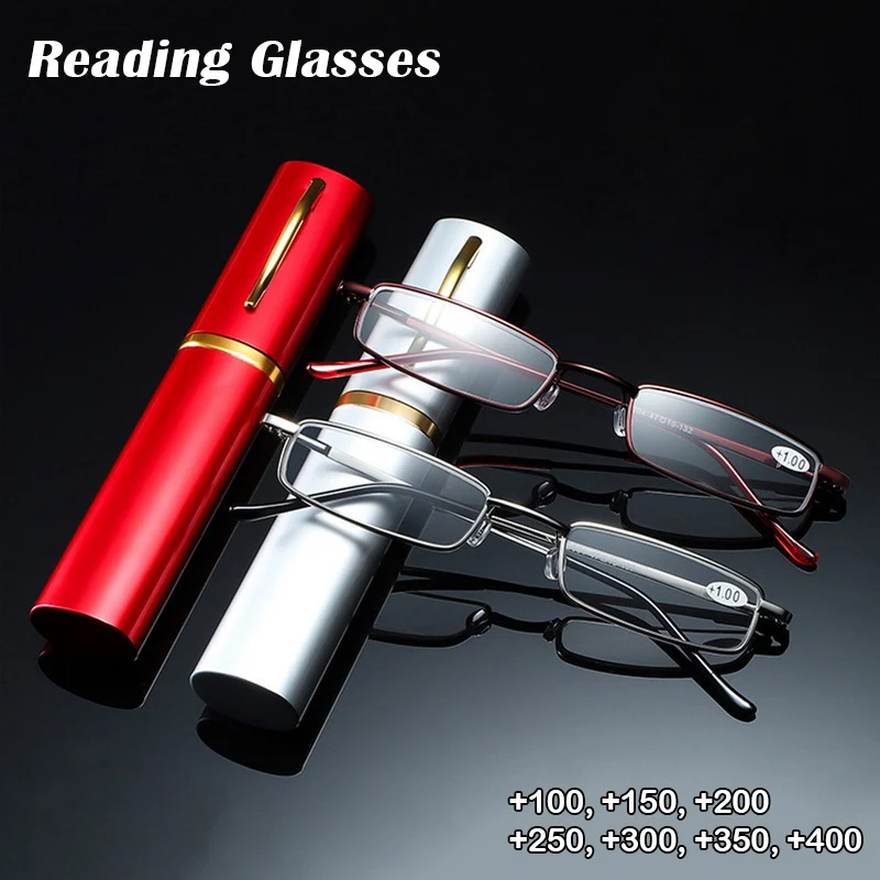 Mini gafas de lectura portátiles elegantes, caja de bolígrafos con marco de Metal, gafas de lectura ultrafinas para hombres y mujeres, gafas para presbicia con caja