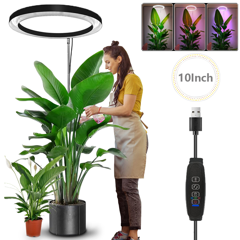 Anneau LED de 10 pouces pour plantes d'intérieur, grande lumière à spectre complet pour plantes d'intérieur, lampe de croissance USB réglable en hauteur