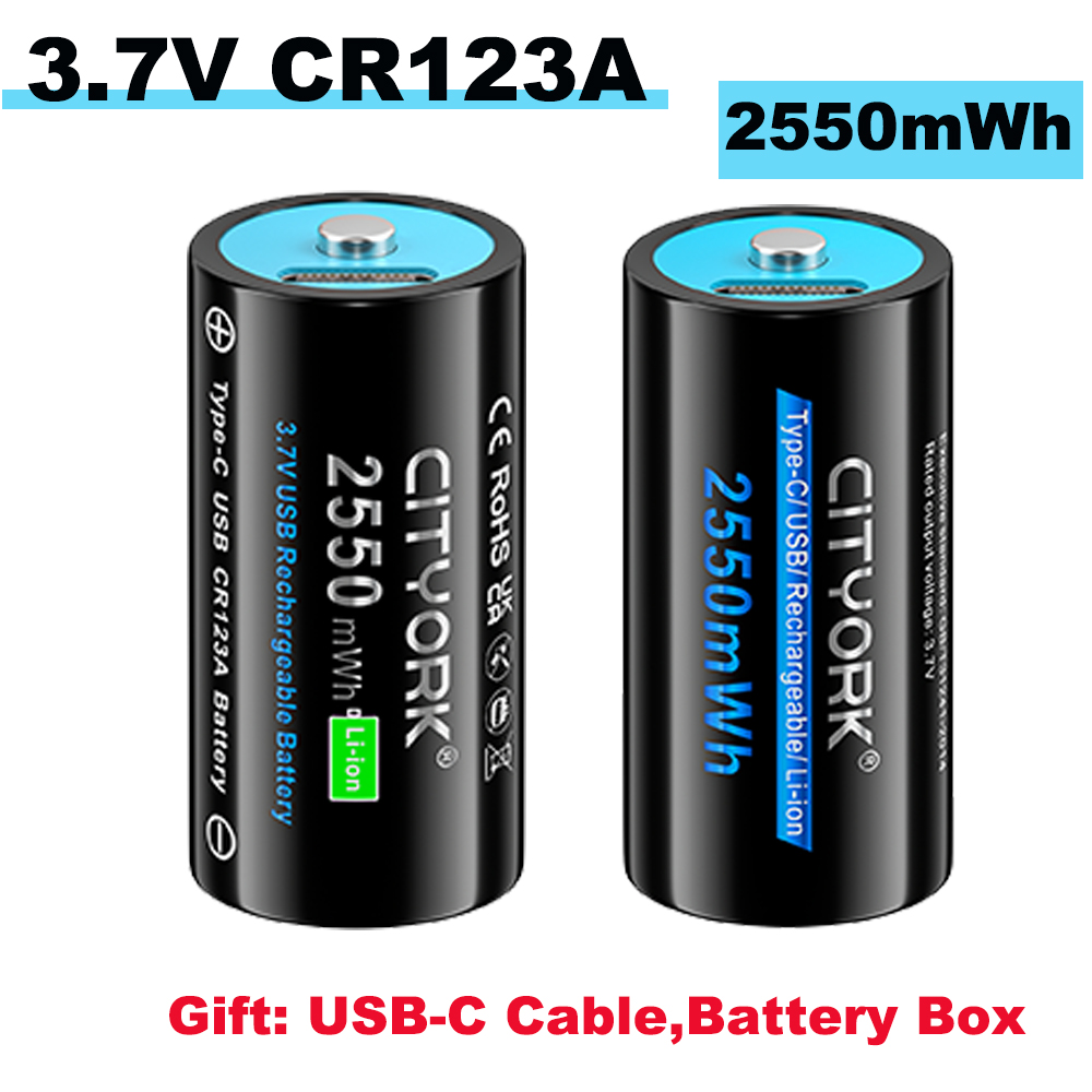 CITYORK 2550mWh 3.7V 16340 16350 Rechargeable Battery USB Charging RCR123 CR123 CR123A Li-Ion Btteries For With USB Cable