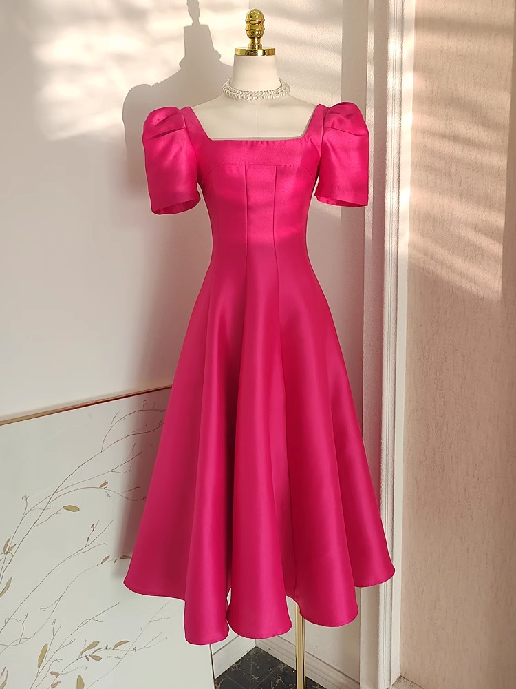 Vestido de satén grueso elegante para mujer, de noche con cuello cuadrado Vestido de fiesta, manga corta abullonada, Vestido Midi de fiesta de boda sólido
