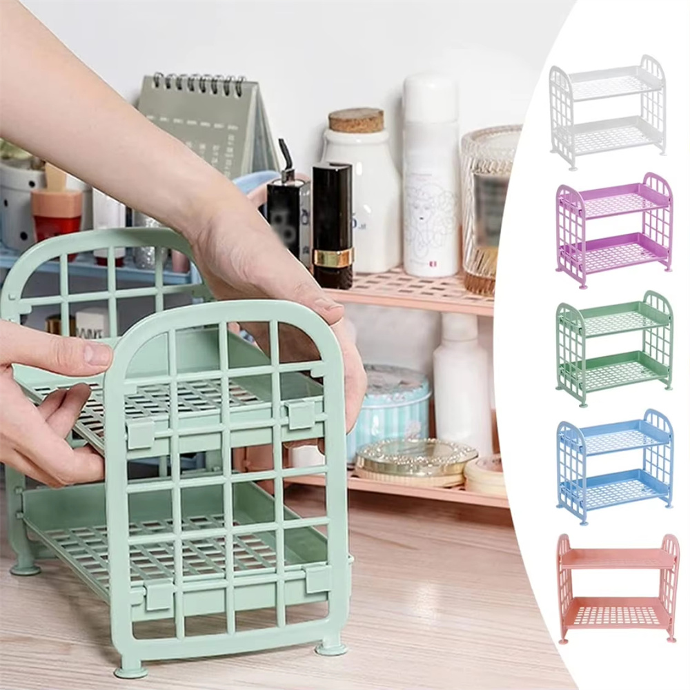 Desktop Storage Rack Organizer Shelf Folding Plastic Storage Rack Sundries Cosmetics Stationery Rack For Home Office Dormitory