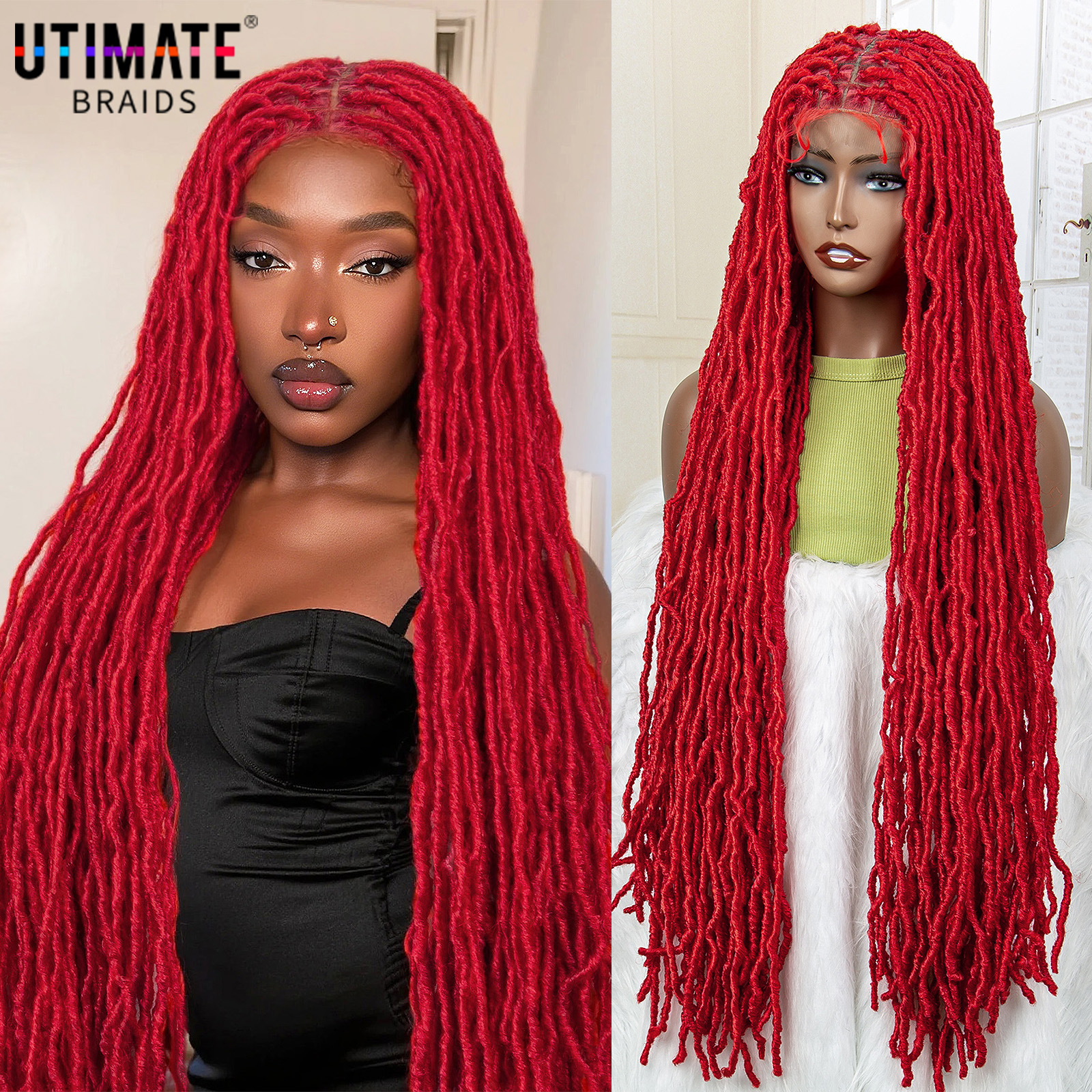 36 pouces couleur rouge Super longue synthétique pleine dentelle tresses perruques Locs Dreadlock boîte sans noeuds perruques tressées pour les femmes Afro noires