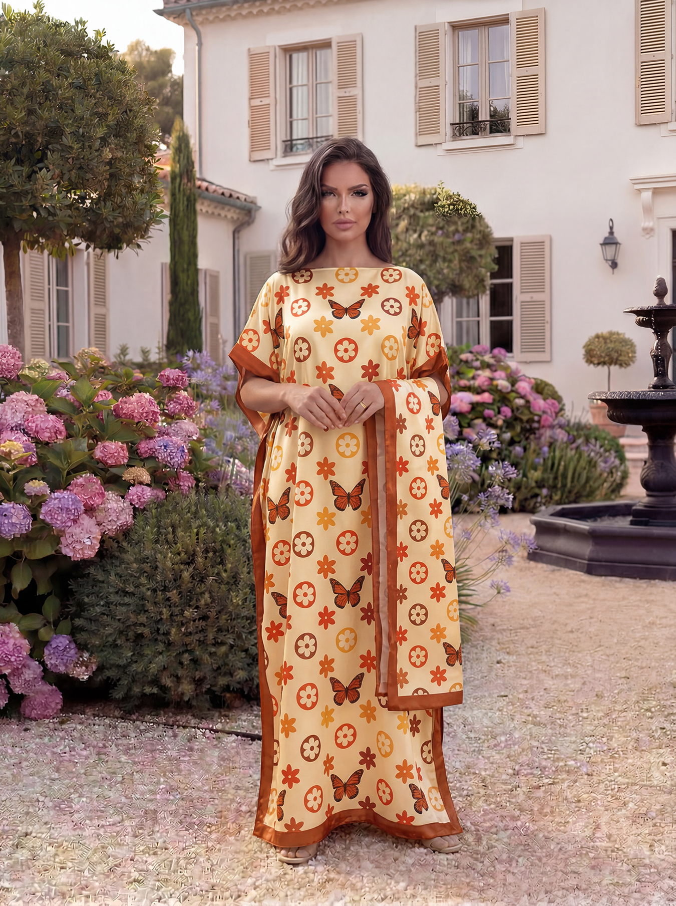 Abaja z kwiatowym wzorem z Dubaju z szalem, luźny kaftan maxi z dekoltem w łódkę i rękawami typu nietoperz dla afrykańskich muzułmanek.