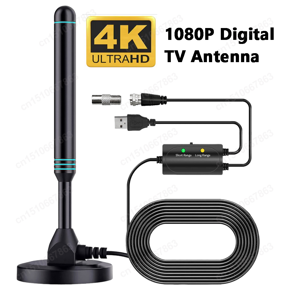 4 K/1080 P เสาอากาศทีวีดิจิตอล HD พร้อมสัญญาณเครื่องขยายเสียง 480 + Miles เสาอากาศในร่มกลางแจ้งฐานแม่เหล็ก VHF UHF ดิจิตอล HD Aerial
