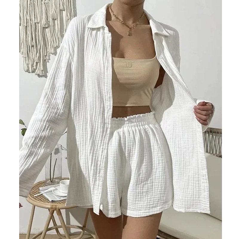 Conjuntos de muselina de gasa de algodón 100% para mujer, 2 piezas, camisas de manga larga y Mini pantalones cortos sueltos de cintura alta, conjunto para mujer
