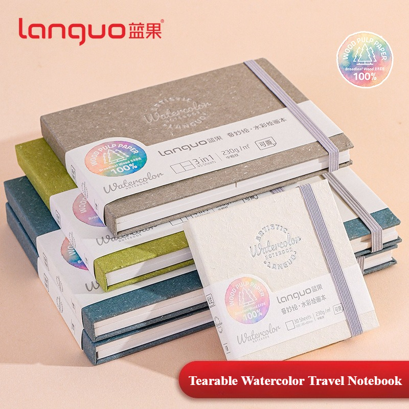 Languo Premium Watercolor Drawing Notebooks Hardcover 230g Tearable Paper Medium Coarse Texture 3in 1 Portable Art Drawing Pad