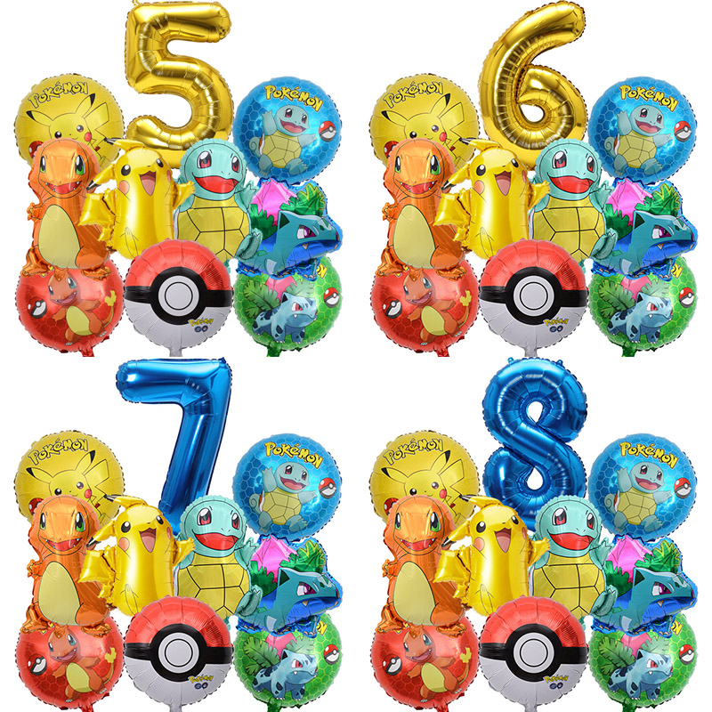Juego de globos de Pokémon de 10 Uds., globos de bolas de Pokémon de Pikachu, globo dorado de 32 pulgadas con número 1-9 para decoración de fiesta de cumpleaños de 1 a 9 años