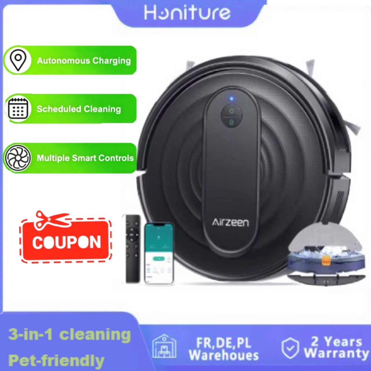 Airzeen R7 Roboter-Staubsauger, 3-in-1-Reinigung, 3000 Pa Saugkraft, intelligente App/Alexa-Steuerung, automatische Selbstaufladung für Tierhaare und Böden