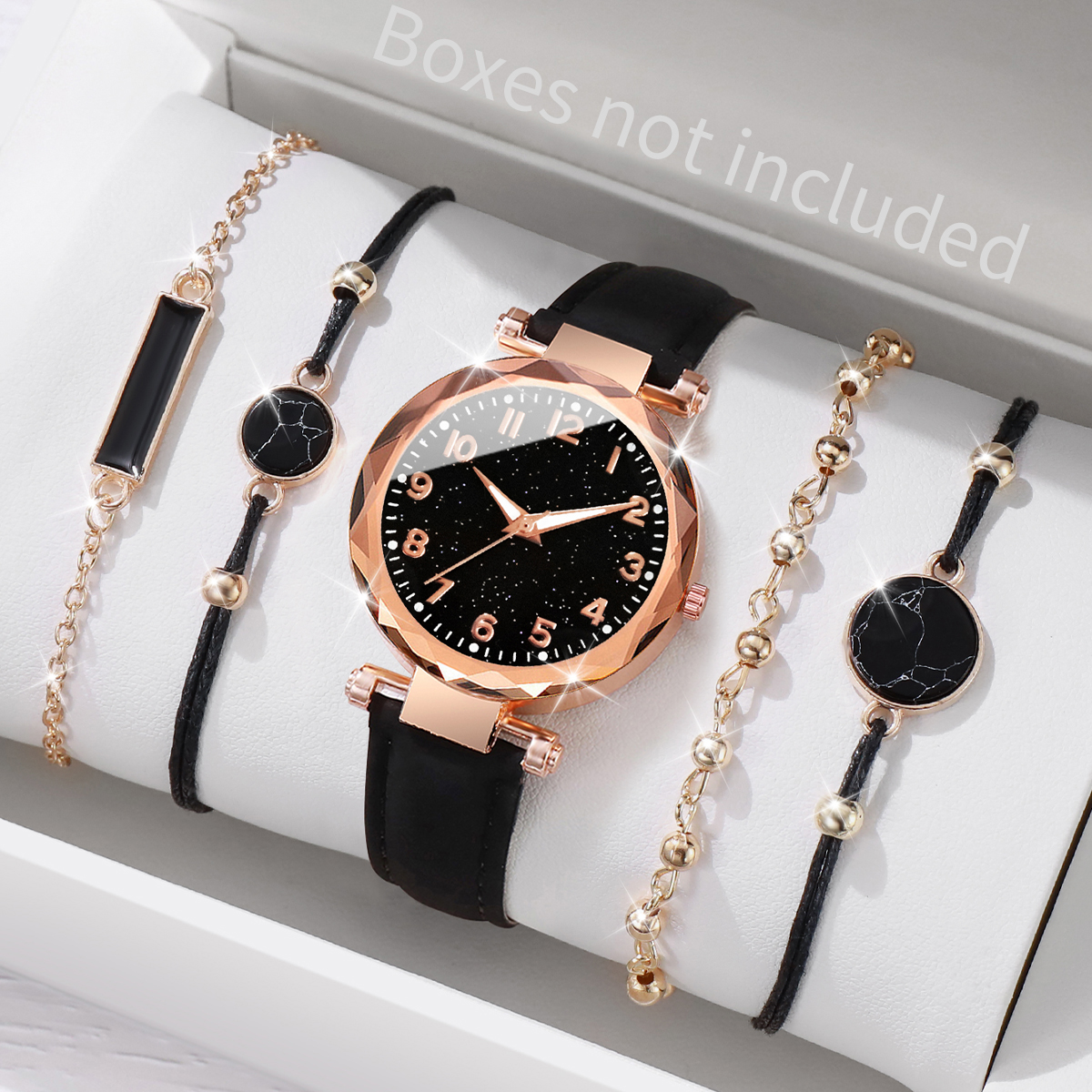 5 ชิ้น/เซ็ตนาฬิกาผู้หญิงสร้อยข้อมือชุดแฟชั่น Starry Sky Dial หนัง Band นาฬิกาควอตซ์