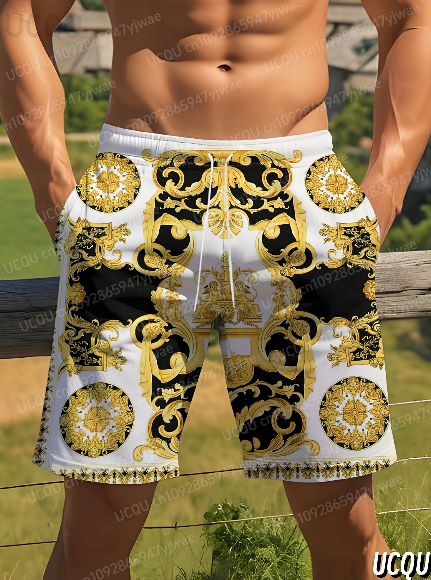 Sommer Männer Board Shorts Licht Luxus Gold Druck Urlaub Badehose Kordelzug Elastische Quick Dry Hawaiian Strand Shorts Männer Kleidung