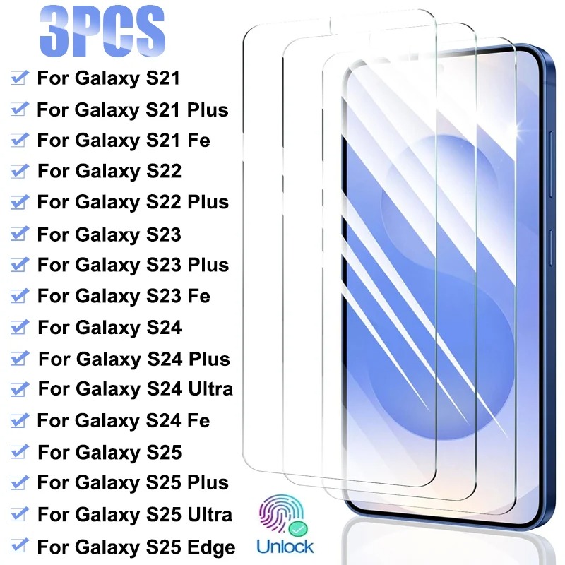 3 uds cubierta completa de vidrio templado para Samsung Galaxy S25 Edge S24 Ultra S23 S22 Plus S21FE S23Fe S24Fe película protectora de pantalla de vidrio