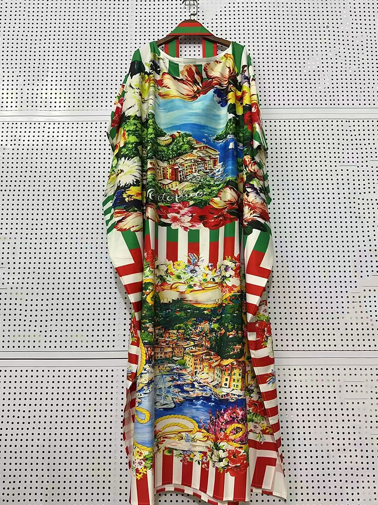 Modieuze losse dameskleding in grote maten, retro strepen, landschapprint, strikceintuur, vleermuismouwen, jurk met zijsplitten, pofrok