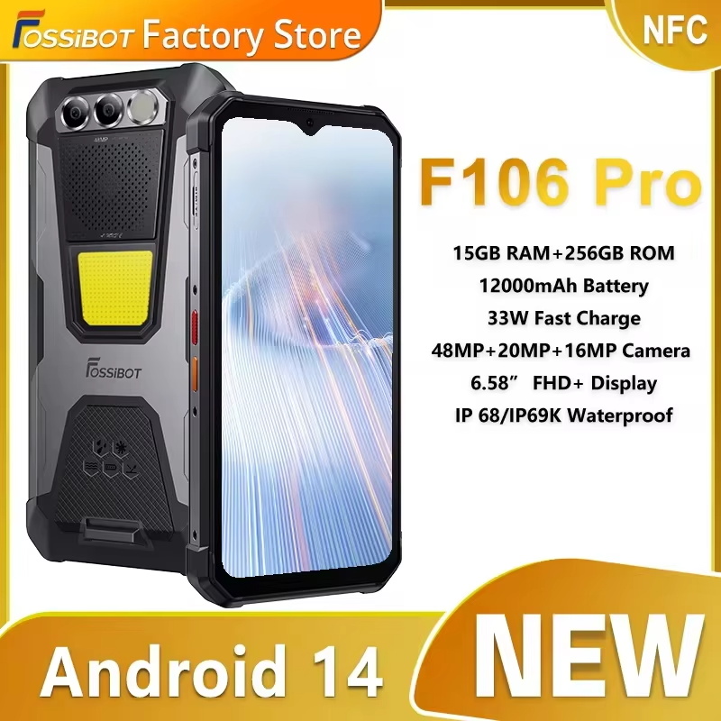 FOSSiBOT F106 PRO MTK G85, Android 14,15GB(8+7GB extendido) 256GB ROM Smartphone resistente, batería de 12000mAh Cámara de 48MP, NFC
