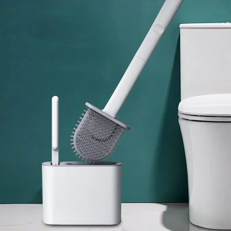 Brosse de nettoyage de brosse de toilette en Silicone, tête plate, Flexible, mural, nettoyeur de cuvette de toilette, ensemble de supports de brosse pour WC salle de bains