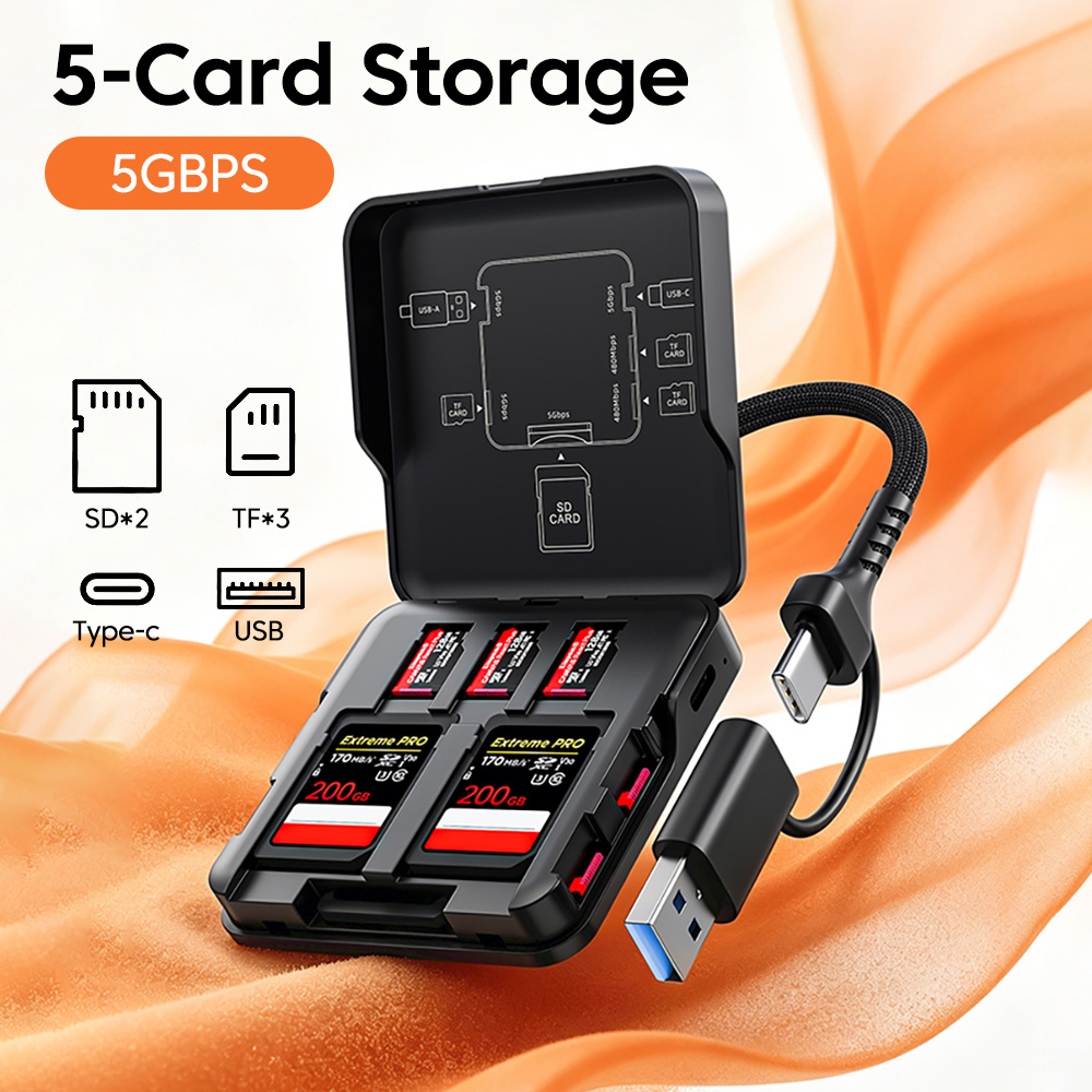 Custodia Portatile per Schede di Memoria USB/Type-C 3.0 a 5 Slot, Scatola di Archiviazione ad Alta Velocità per Schede Micro SD/TF