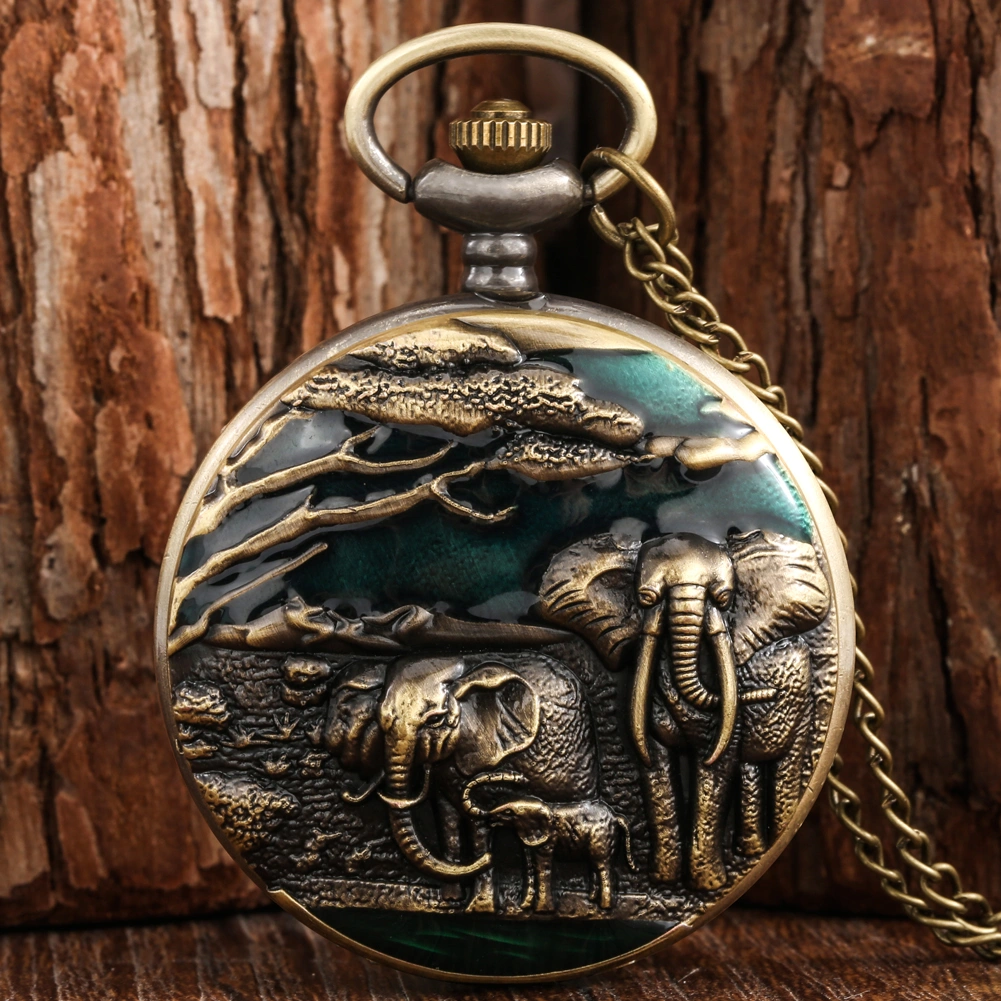 Novo elefante vívido gravura vintage bronze árabe literal quartzo grande relógio de bolso camisola corrente masculino feminino pingente relógio presente