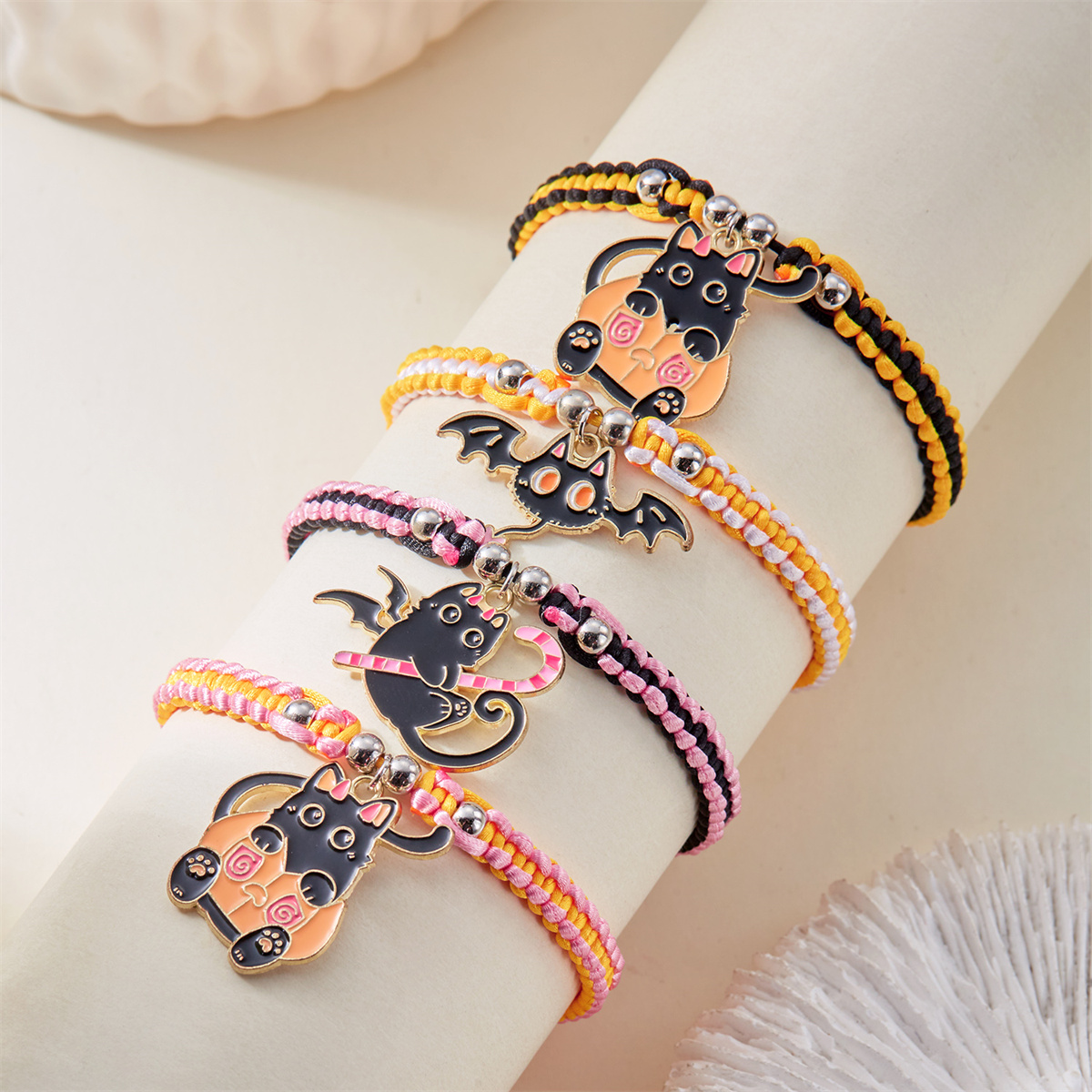 Pulseras de gato negro de dibujos animados de Halloween para mujer, pulseras trenzadas hechas a mano con bonito gatito y calabaza, brazaletes de cuerda, joyería de amistad