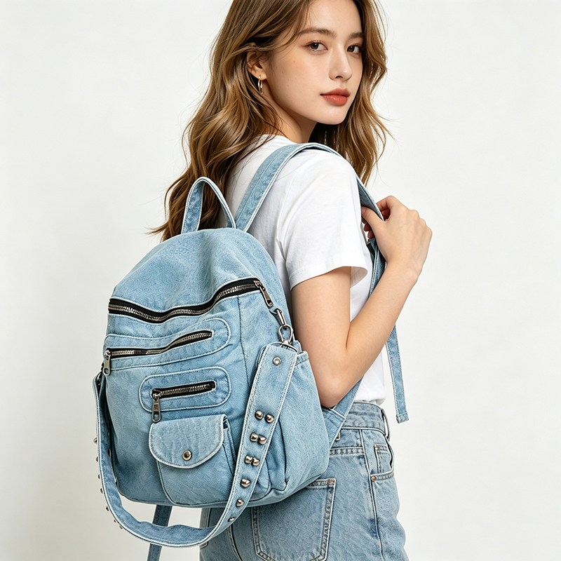    Denim mode-rugzakken voor school Trend Rivet Student Jeans Bag Multi-zakken Grote capaciteit dames schoudertas