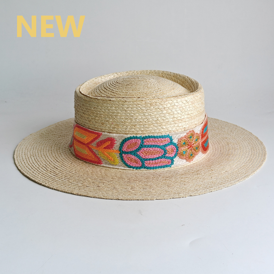 Mexicaanse stijl handgemaakte palmblad strohoed voor dames en heren, kleurrijk geborduurde band, bootmuts, zomerstrandzonnehoed, fedora