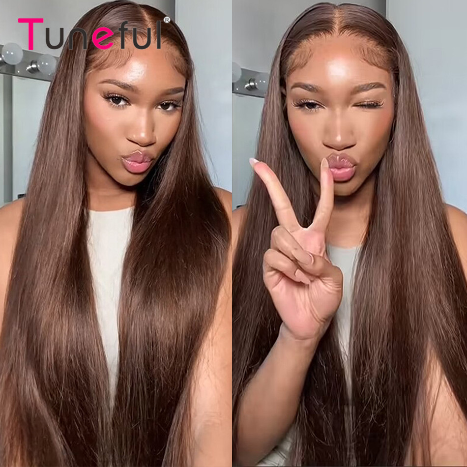 Premium chocolate marrom colorido 13x4 hd frente do laço perucas de cabelo humano tuneful 30 Polegada cru indiano em linha reta perucas frontais do cabelo humano