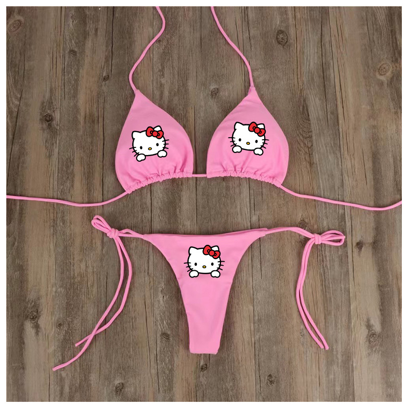 かわいい水着女性ツーピースハローキティプリントビキニセットかわいい女の子セクシーな調節可能な下着ブラジャー Tバック女の子ビーチウェア夏