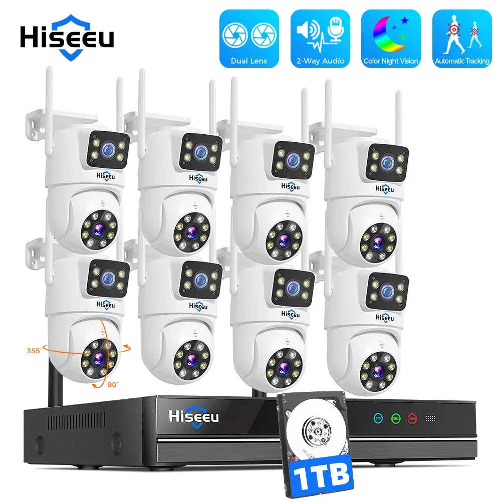 Hiseeu H.265 10CH NVR 3K 6MP Surveillance System Dual Lens Smart PTZ IP Camera Color Night Vision Auto Tracking WiFi CCTV System