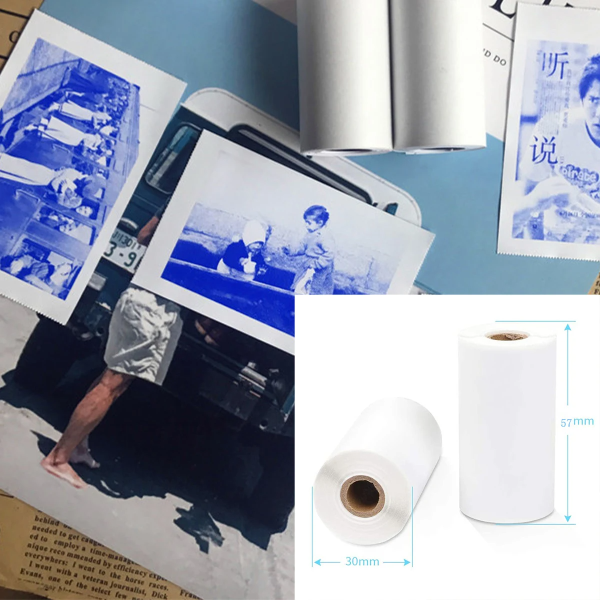3 Rollen blau auf weißem Minidrucker-Thermopapier für klares und klares Drucken