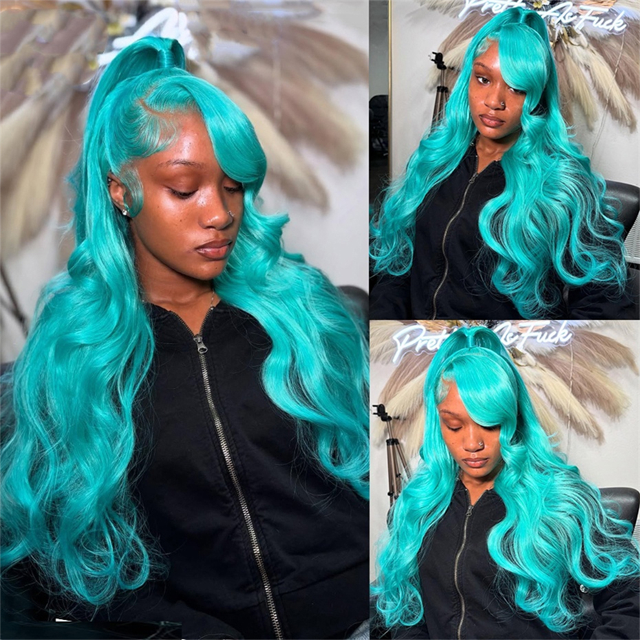 13x6 Teal Ocean Blue Lace Front Pruik Menselijk haar Body Wave 613 Blonde Kant Frontale Pruik Preplucked Mintgroene Kleur Menselijk haar Pruiken