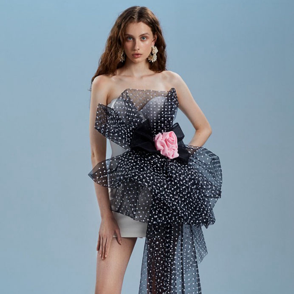 Vestido corto de fiesta con lazo de encaje y lunares para mujer, ropa de cóctel blanca, vestido de niña bonita, nuevo diseño, 2024