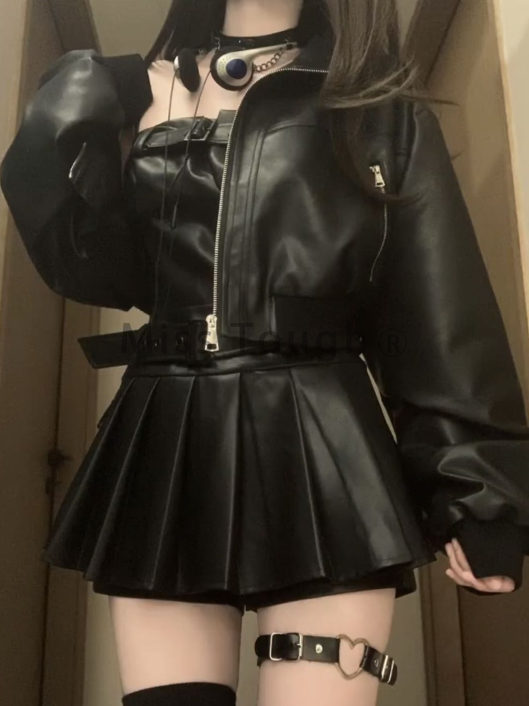 Korean Elegant Leather Two Piece Set Women Belt Streetwear Pleated Mini Dress Set Female Patchwork Design Vintage Suit 2024 New