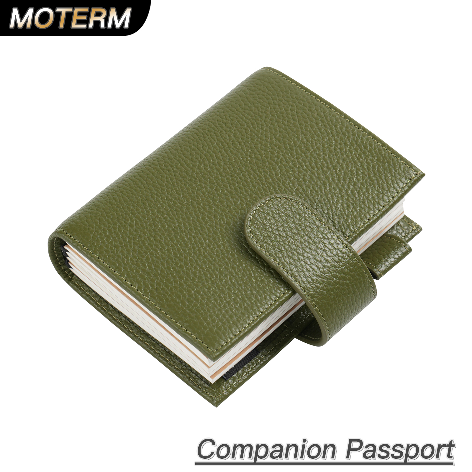Buku Catatan Perjalanan Ukuran Paspor Moterm, Kulit Pebbled Grain, Organizer Kulit Sapi Asli dengan Penutup Kancing Ganda