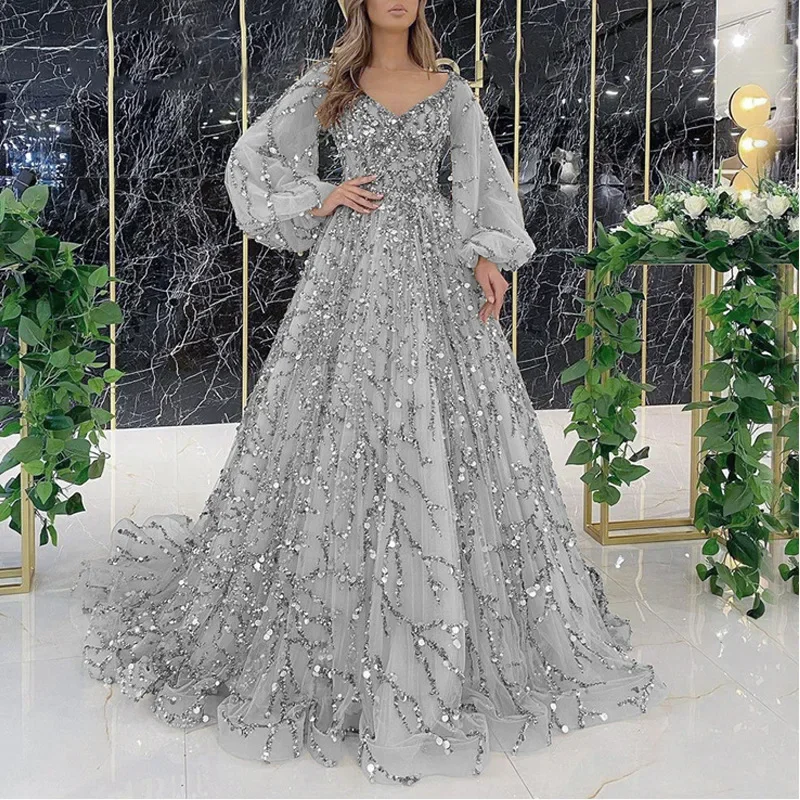 Dames Bohemian Jurk Met V-Hals Lantaarn Lange Mouwen Kant Mesh Pailletten Kralen Slim Fit Zachte Plooien Elegant Voor Feestbanketten