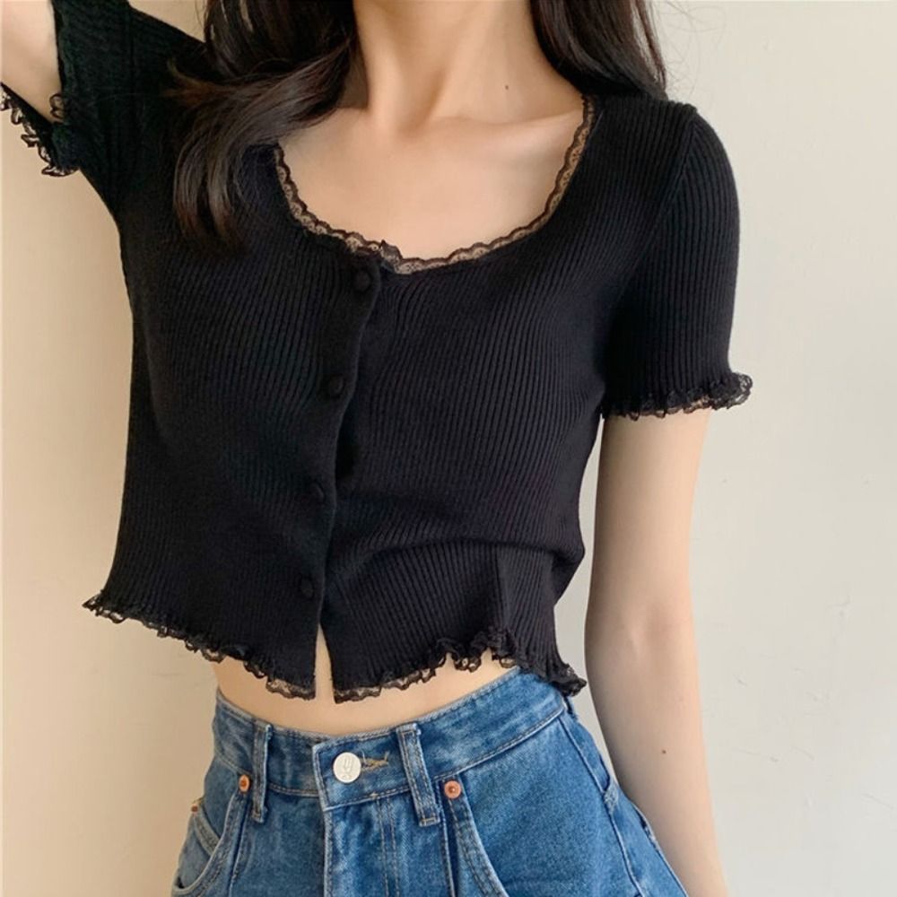 Cardigã de malha slim fit com botão, camiseta com renda estilo coreano, top cropped elegante, verão e primavera