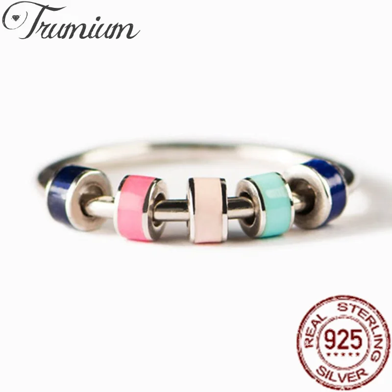 Trumium 925 zilveren ringen angst kleurrijke emaille unisex ring met kraal zorgen stressverlichting liefhebbers stapelen ontwerp ring