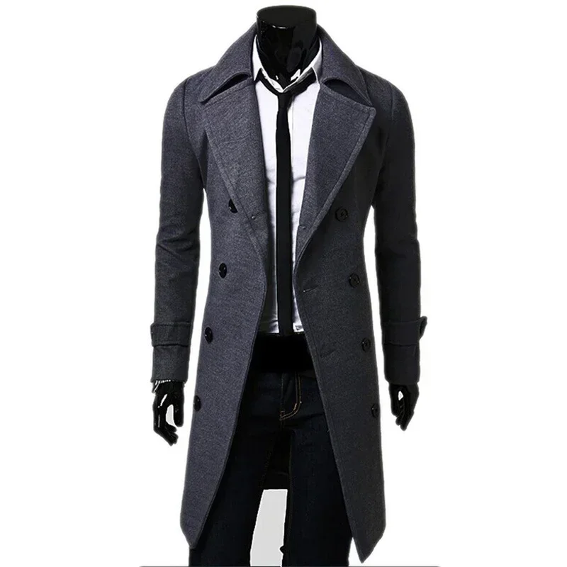 Trench doppiopetto da uomo in misto lana 2025 Autunno Inverno Solido Casual Slim Fit Giacca lunga Cappotto di lana Moda Abbigliamento uomo