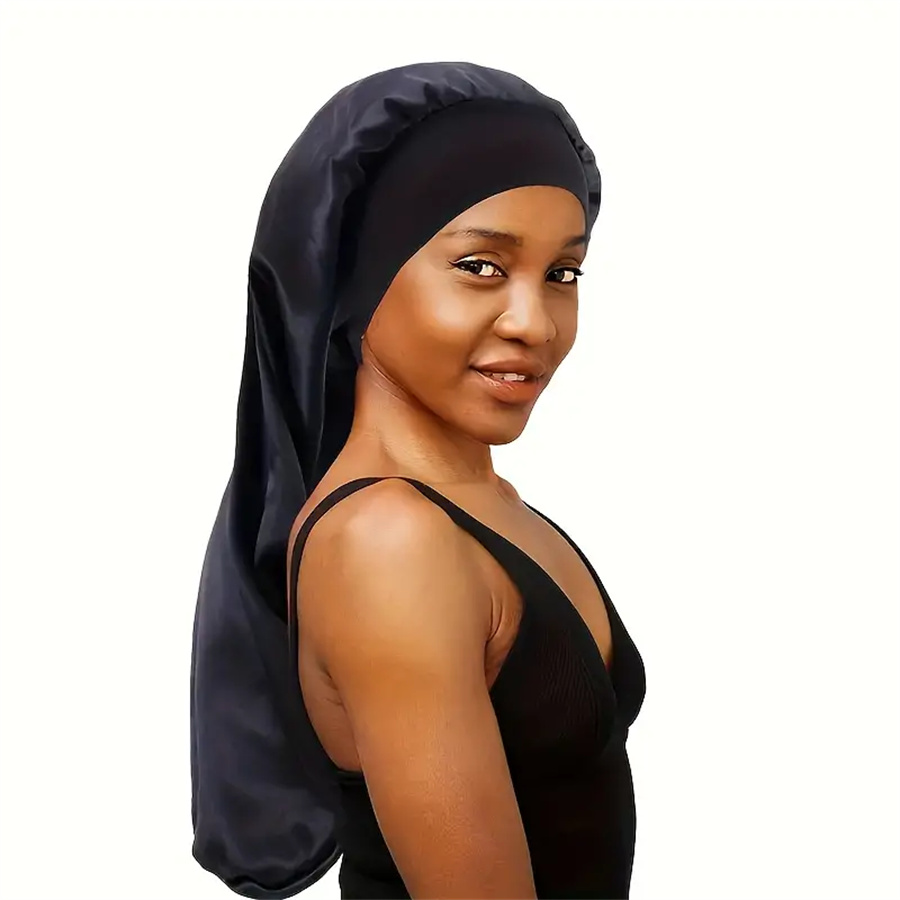 Novo feminino longo cetim gorro de dormir boné de dormir sedoso com faixa elástica larga cuidados com o cabelo turbante tranças cabelo encaracolado cabelo natural