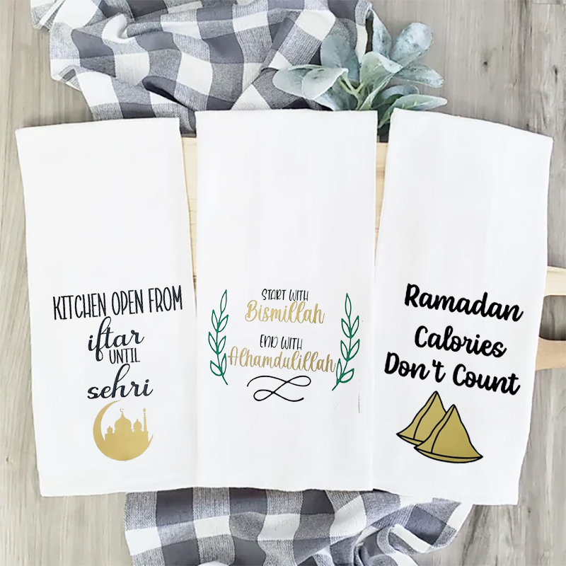 Samosa Bismillah Alhamdulillah weißes Küchengeschirrtuch Muslim Islamischer Ramadan Kareem Eid Mubarak suhoor Iftar Sehri Dekoration