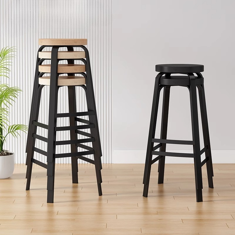 Stackable Solid Wood Bar Stool Home High Footstool Bar Chair KTV Milk Tea Shop Counter Round Stool with Wood Seat Board