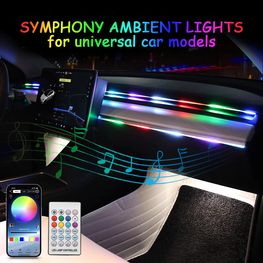 Светодиодная атмосферная подсветка для автомобиля 110 см, USB, 213 цветов, RGB Symphony, для приборной панели и люка, управление через приложение, акриловая лента, декор интерьера