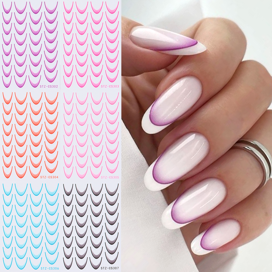 6pcs เล็บฝรั่งเศสสติกเกอร์ Gradient Stripe Sliders สําหรับเล็บ Ombre Designs Self-Adhesive Nail Art Decals ตกแต่ง DIY