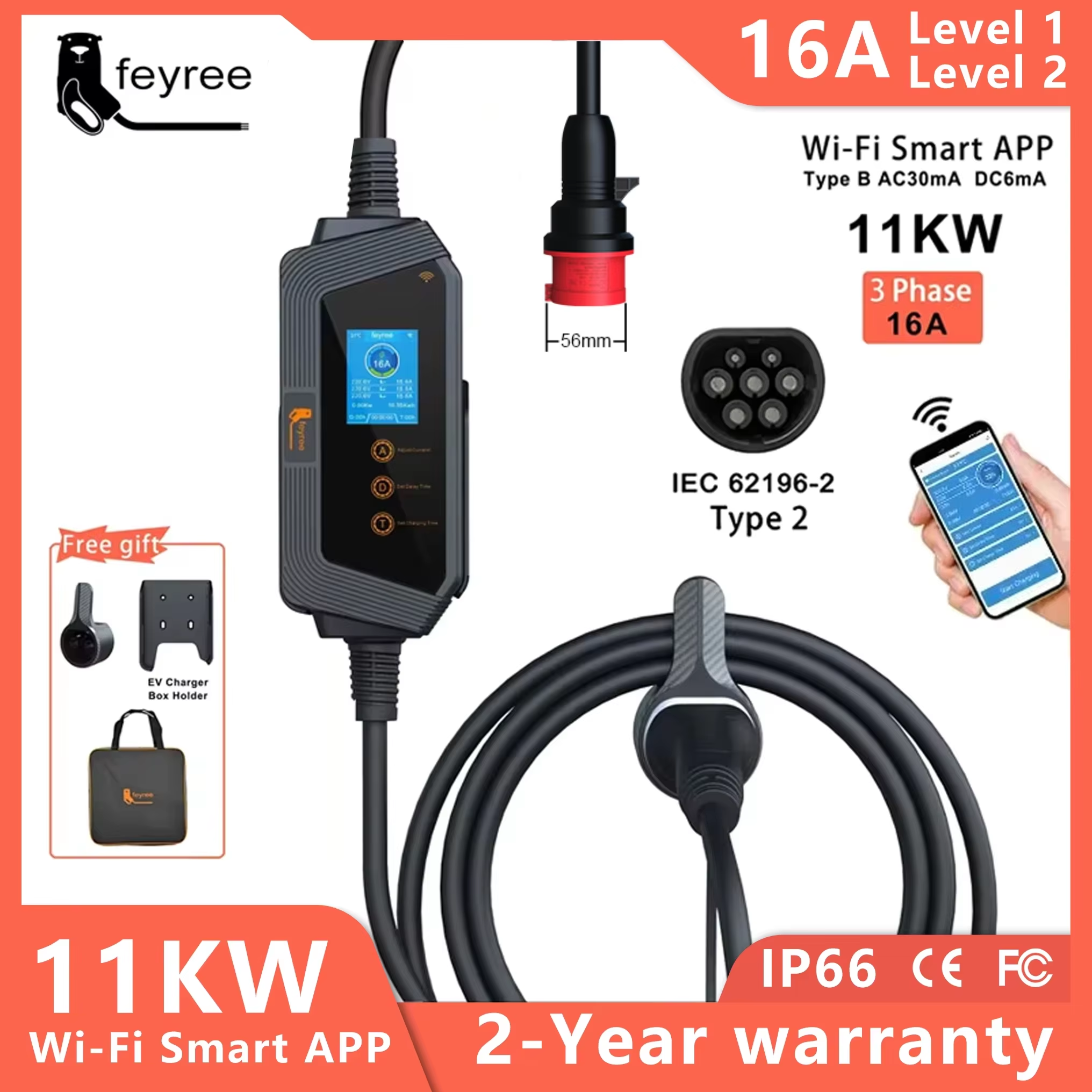 Feyree Kabel Type2 Pengisi Daya EV Portabel 11KW 16A 3P Pengisi Daya Mobil Kontrol Aplikasi Wi-Fi Kotak Pengisi Daya EVSE Steker CEE untuk Kendaraan Listrik