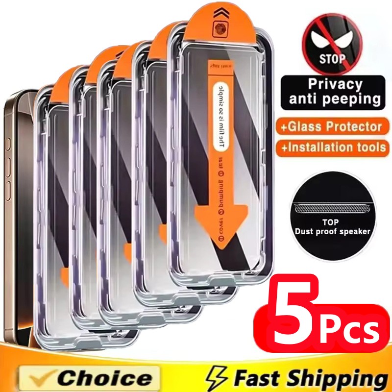 Protector de pantalla de privacidad para IPhone 16 14 11 12 13 15 Pro Max 7 8 Plus Mini X XR XS, vidrio antiespía, instalación sin polvo, 5 uds.