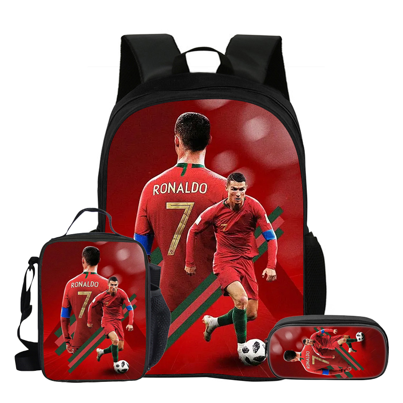 Ronaldo 3 Buah Set Ransel Sekolah Tas Pensil Bintang Sepak Bola Tas Buku CR dengan Tas Makan Siang Ransel Hadiah Terbaik