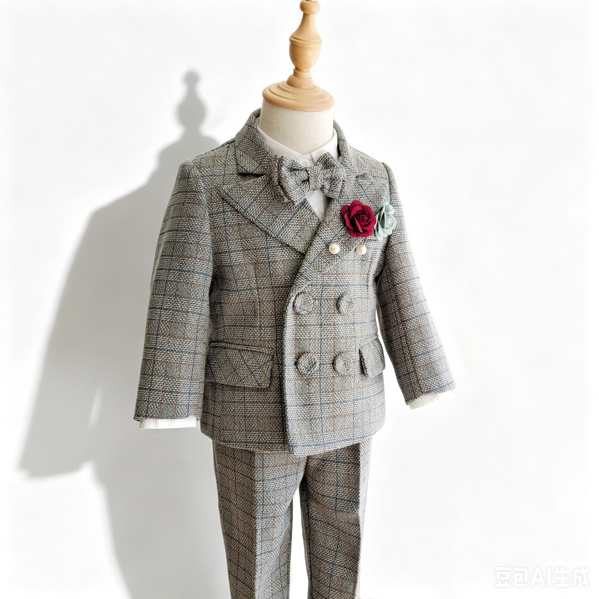 Kinderanzug für Jungen im Gentleman-Stil mit Karomuster, Jacke, Hose, Hosenträgern und Fliege, Formelles Hochzeits- und Fotografie-Kostüm für Babyjungen