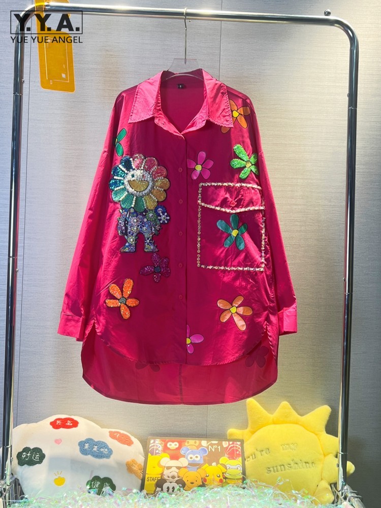 Kobiety dorywczo ponadgabarytowych luźny krój z długim rękawem topy główna ulica moda wiosna lato Kawaii kwiatek cekinami błyszczące kryształowe koszule