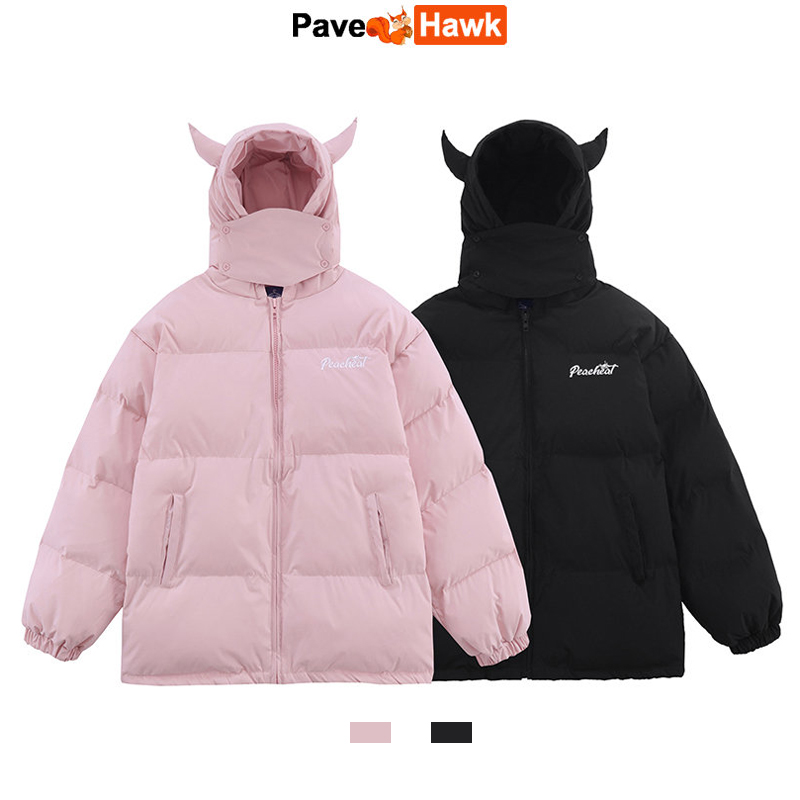 男性と女性のための悪魔の角が付いたパーカー、単色、綿パッド入りジャケット、ルーズヒップホップコート、ハラジュクパファー、バブルアウター、冬