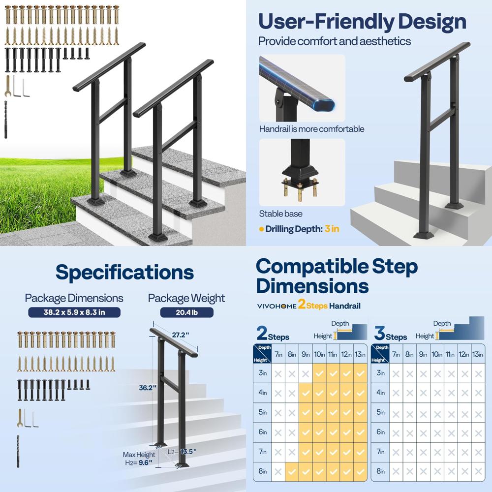 Outdoor 2-Step Hand Rails, Galvanized Steel, Black Oval Railing for Porch and Deck, Durable Exterior Stair Handrails