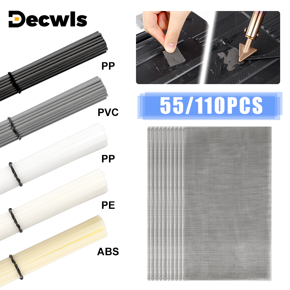 55/110 szt. Zestaw do spawania tworzyw sztucznych, pręty spawalnicze z tworzywa sztucznego ABS PP PVC PE, siatka spawalnicza ze stali nierdzewnej 304, narzędzie do naprawy zderzaka samochodowego do lutownicy