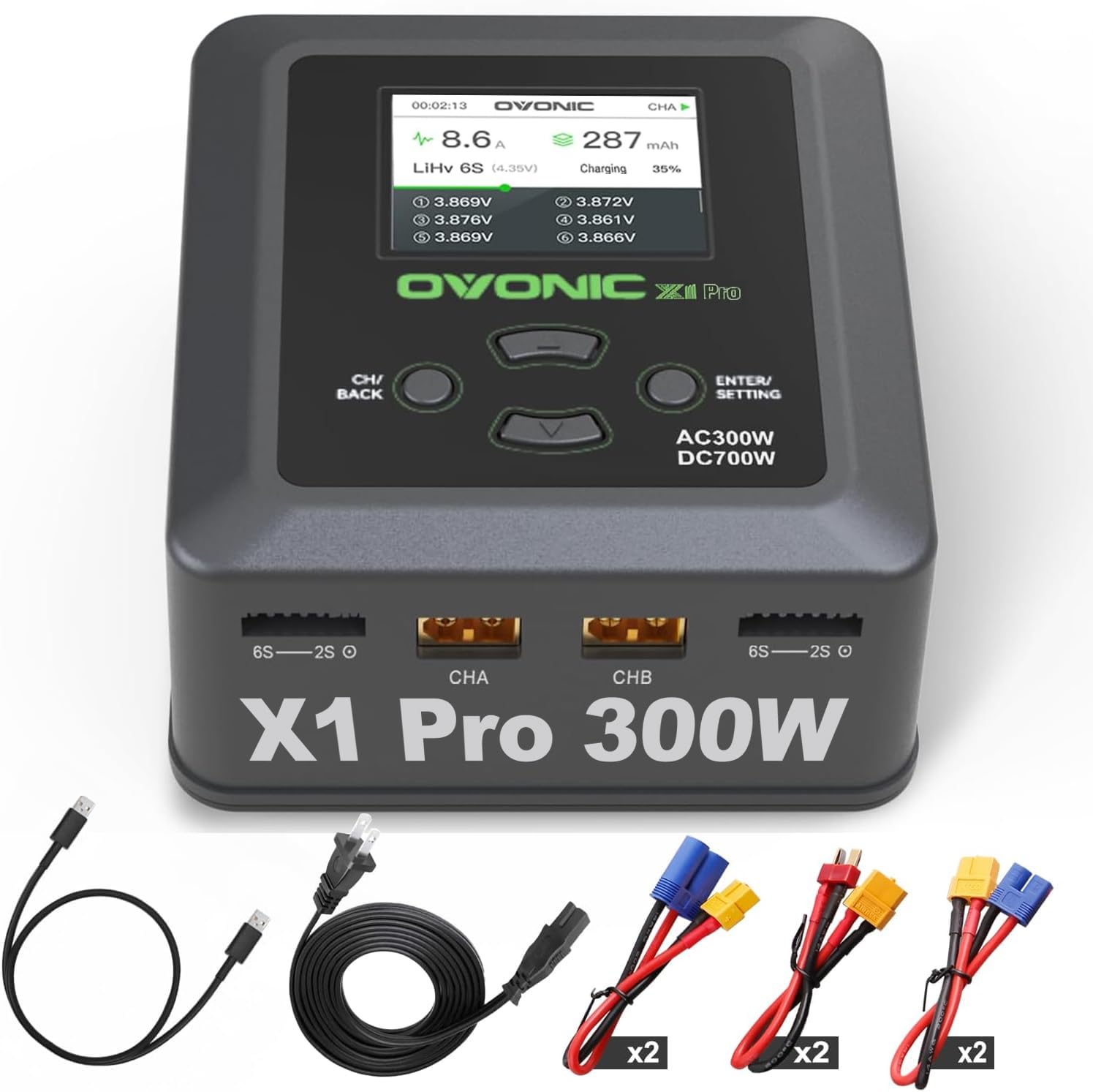 OVONIC Lipo Cargador de batería de doble canal AC 300 W / DC 700 W 16 A para 2S-6S LiPo Life LiHv NIMH Charge 1-10S (X1PRO