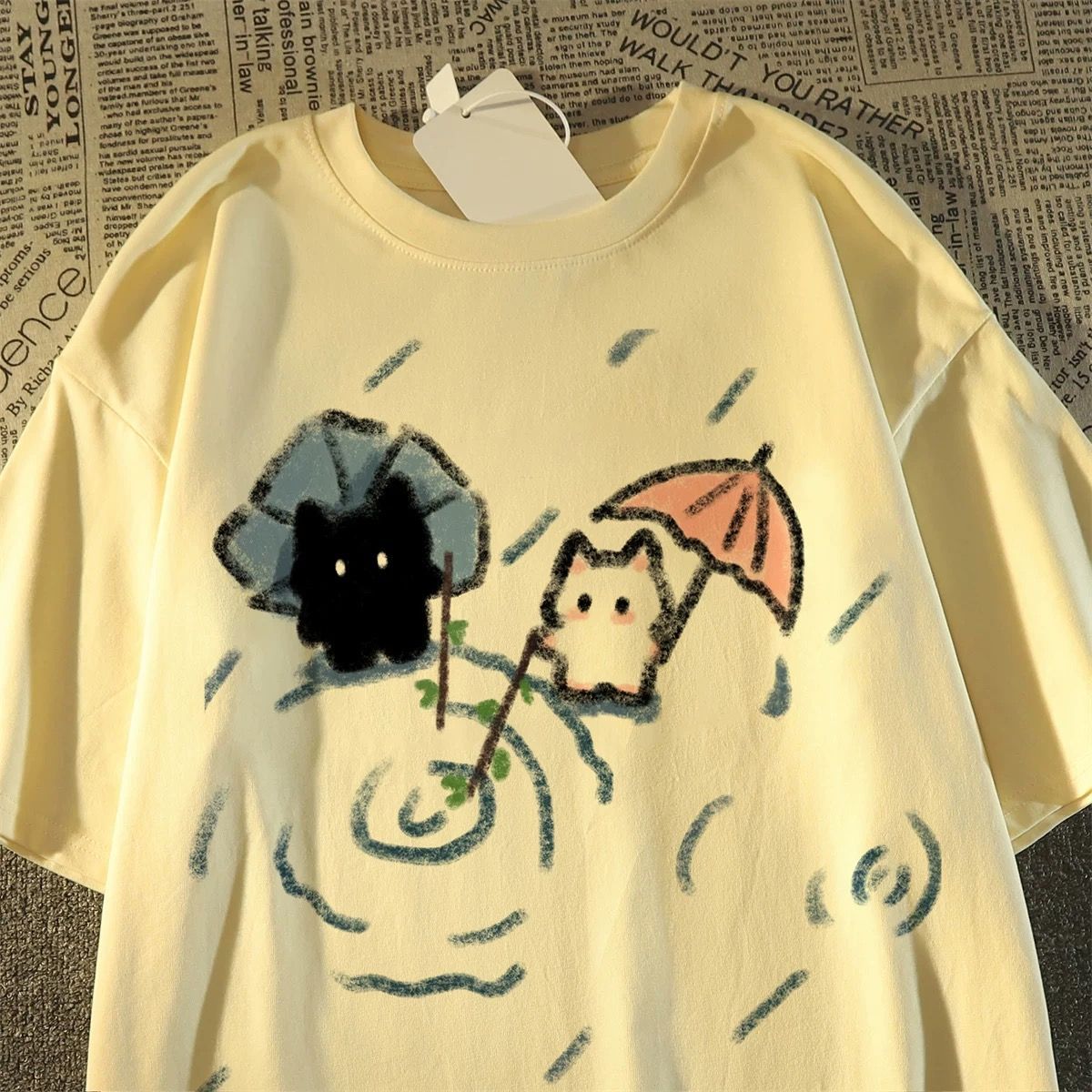 Camiseta de Manga Curta com Estampa de Gato Japonês Preto e Branco, Top de Verão, Roupas Femininas, Camisetas Gráficas